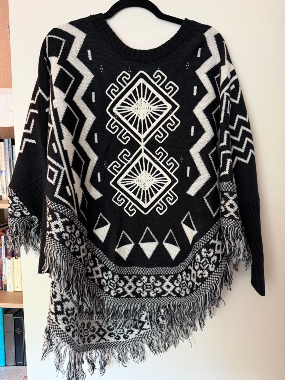 Black & White Geometric Fringe Poncho Made in Mexico